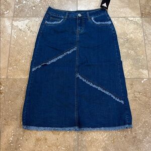 Denim Midi Skirt with Frayed Details